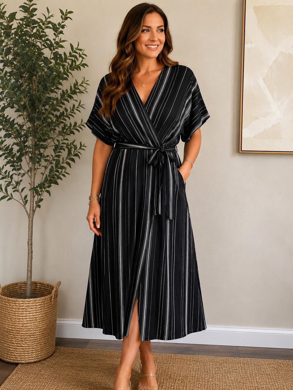 Leith Black & White Striped Wrap Dress XL Belted Midi Dress